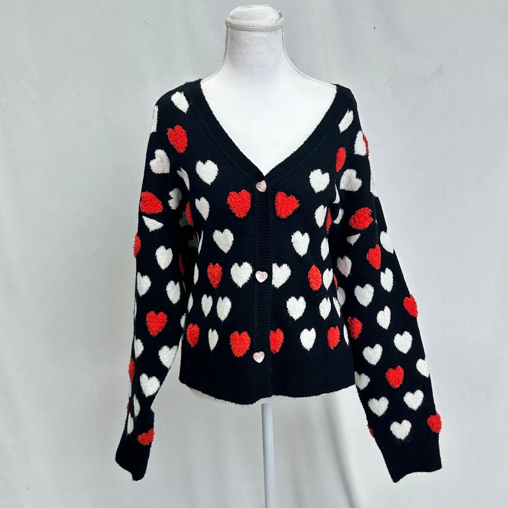 Serra XL Cardigan Black Red White Heart Button Front Romantic V-Neck Sweater